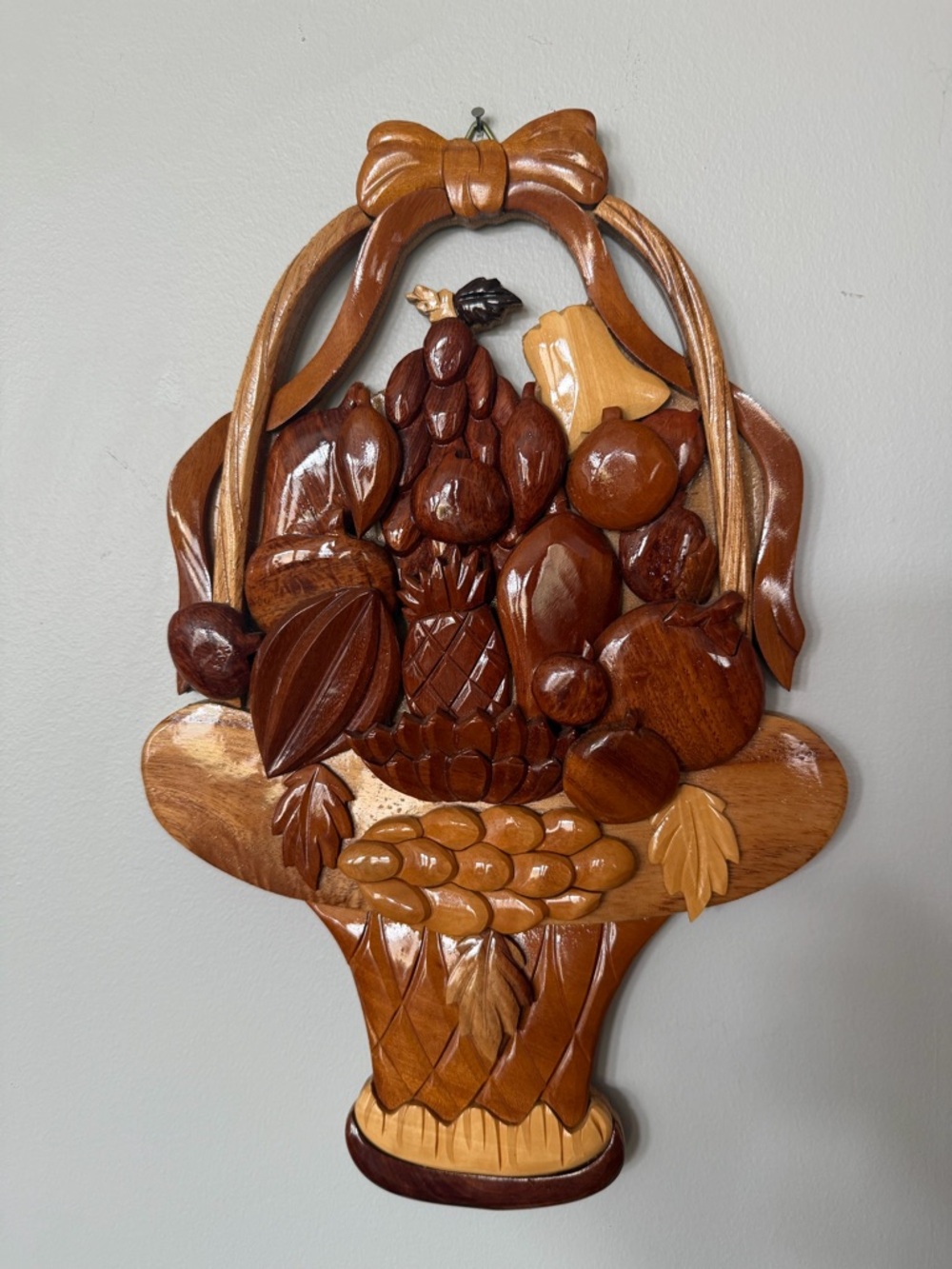 Handcrafted 3 Dimensional Intarsia Wood Art Fruit Basket